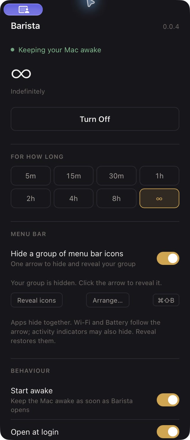 Barista reporting that the selected group of menu bar icons is hidden