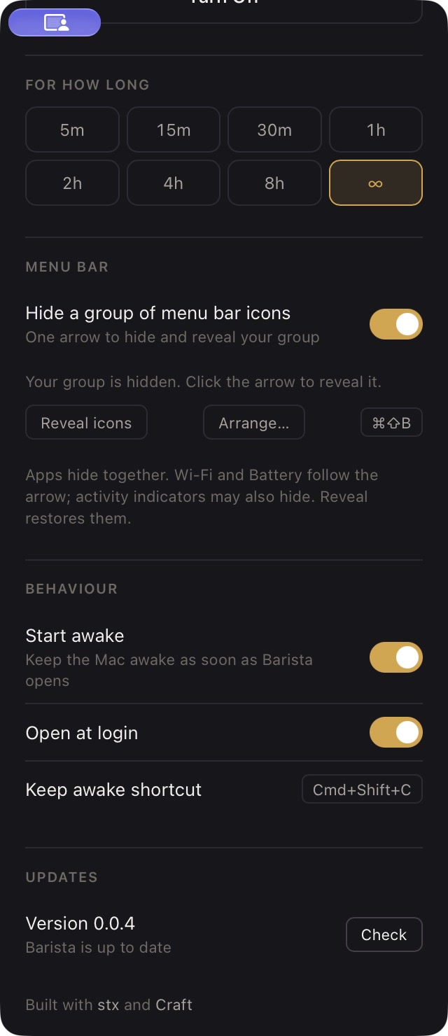 Barista update settings confirming the installed version is up to date